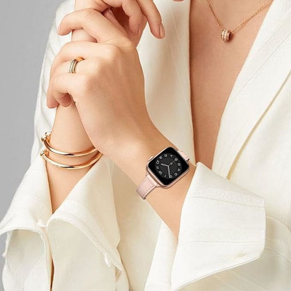 Läderarmband Kompatibelt med Apple Watch-armband Äkta Smalt och tunt läderersättningsband, armband för iwatch Serie Kvinnor Män Pink sand&Rosegold 42/44/45/49mm