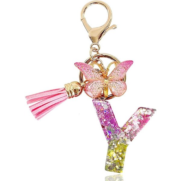 Alfabetet nøglering ringe Pink Cute nøglering med sommerfugl kvast vedhæng indledende bogstaver Y