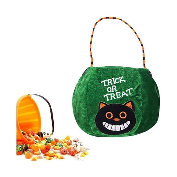 1 grön Halloween-kattmönstrad godispåse för barn, perfekt för Halloween.