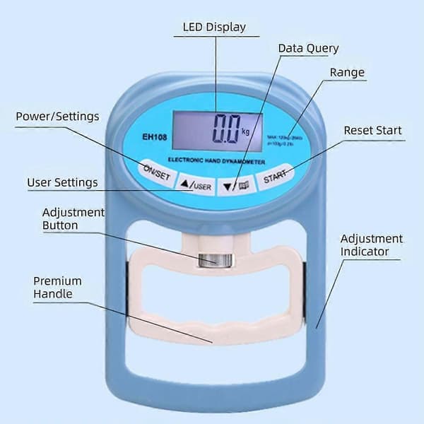 Elektronisk handdynamometer - Digital display greppstyrketestare, bärbart träningsverktyg, fysioterapi- och träningsutrustning Blue