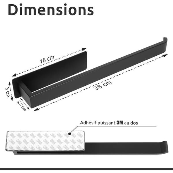 Sort Håndklædestang - 1 Styk - 304 Rustfrit Stål - Klæbende Montering Uden Boring - Badeværelse og Køkken - 38 cm