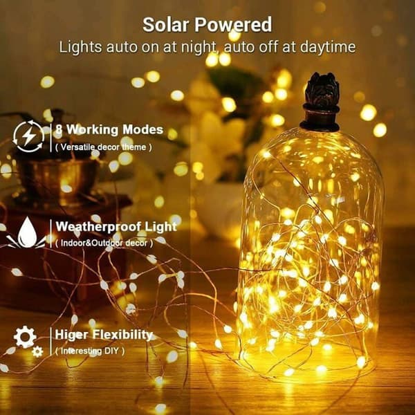 Utendørs Solar Lyslenke, 20M 200 LED Vanntett Perlelys 8 Moduser Kobbertråd Dekorasjonslys, Varmhvit