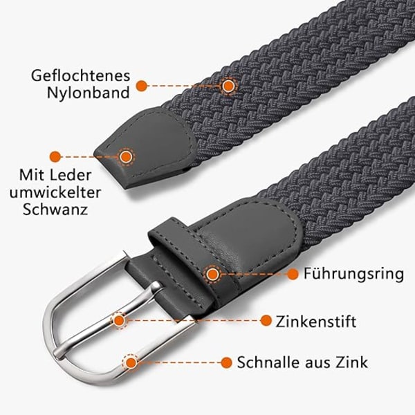 Herrbälte, elastiskt flätat bälte unisex män kvinnor flätat elastiskt stretch vävt bälte 33 mm (1,25 tum), längd 42 tum (107 cm) passar midja 33 tum-36 tum, flera färger Grey
