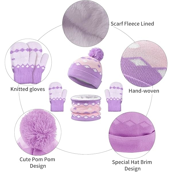 Stickad mössa, halsduk och vantar för barn, vintervarm mössa med pompom för småbarn, fleecefodrad halsduk och vantar, 3-delars set för kallt väder A Purple