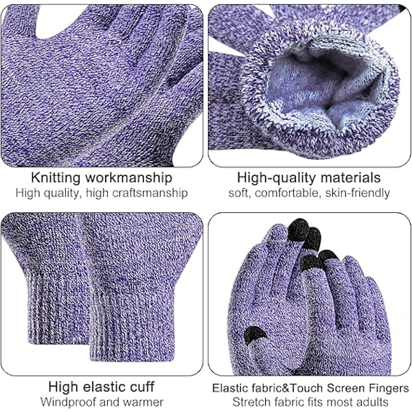 Vinter Unisex Beanie Hatt, Skjerf og Hansker Sett, Elastisk Strikket Hatt Langt Skjerf Berøringsskjermhansker Med Tykk Fleece Innerfôr for Menn og Kvinner Deep Purple