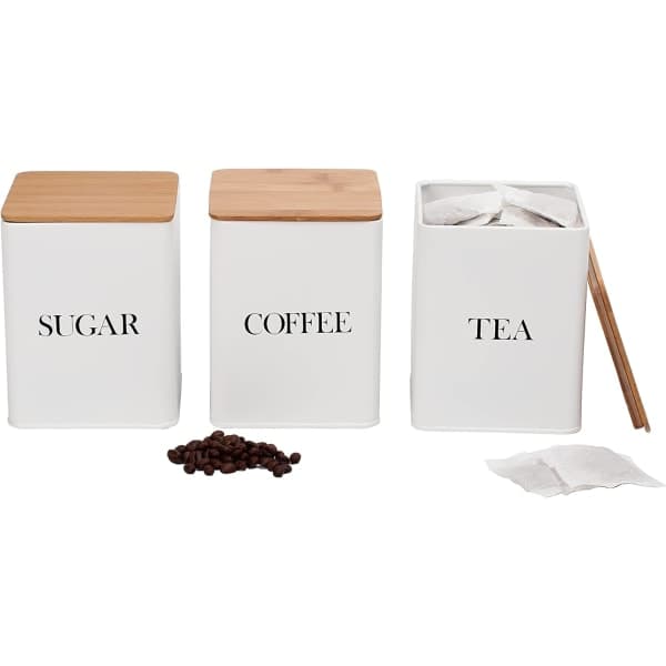 Set med 3 burkar för te, kaffe & socker med lufttäta bambulock, vit