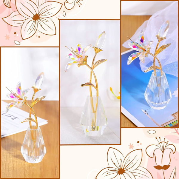 Kristallblomma Figur Lily Blomma Samlarobjekt Present till Kvinnor, Glas Lilium med Kristallvas Metallstam för Hem Bröllopsfest Dekor Clear
