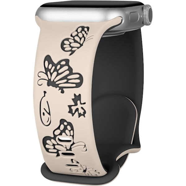 Blomstergravert Rem for Apple Watch-reimer Kvinner Dameklokke Rem, Silikon Søt Blomst Sommerfugl Sportbånd for Apple Watch-serie Starlight Black 42/44/45mm