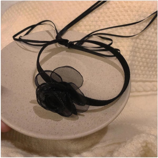 Bohemsk fløyel choker langt bånd sateng blomst krage halskjede sexy svart kamelia choker kostyme smykker tilbehør for kvinner og jenter 1