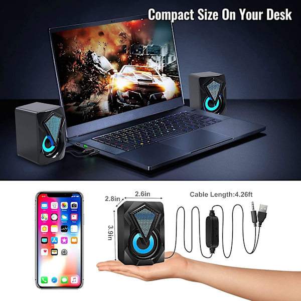 Mini-skrivbordshögtalare för PC med färgglad LED-belysning, Stereo 2.0 USB-driven 3,5 mm X2 Bärbar spelmultimediahögtalare för surfplattor, musikspelare