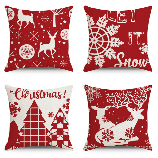 Jul Kuddeöverdrag 18 x 18 Tum Set med 4 Vinter Dekoration Kuddeöverdrag Bondgård Snögubbe Jultomte Kuddeöverdrag God Jul