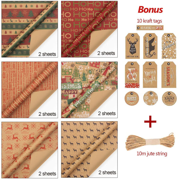 Julkpapper, tillverkat av återvunnet kraftpapper, 12 vikta ark 70x50cm med 6 vintage-mönster (bonus 10m jutetråd och 10 taggar)