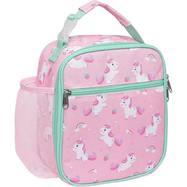 Lounaslaukku tytöille, eristetty lounaslaukku lapsille, kannettava kylmälaukku kouluun, pullotelineellä, vedenpitävä vuori, vaaleanpunainen yksisarvinen Pink Unicorn