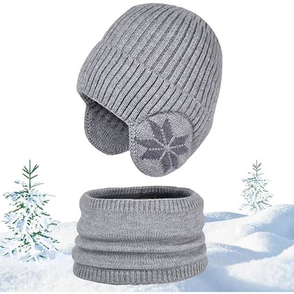Vintermössa och halsdukssats för barn | Stickad halsduk och mössa för utomhussporter - Snöflingemönster Elastisk förtjockning Utomhussporter Mössa och halsdukssats Light Gray