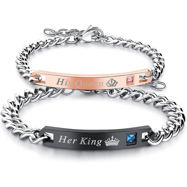 2Pcs Couples Bracelets for His and Her Crown Matching Set Stainless Steel His Queen & Hers King Promise Love Pink Girlfriend Anniversary