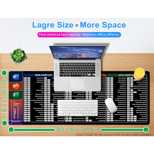Stor Gaming Mousepad, Lang XXL Mousepad, Kontor Shortcut Mousepad, Udvidet Computer Mousepad/Skrivebordsmatte med Syet Kant til Gamer, Kontor, Hjem Office Shortcuts B 800x300mm