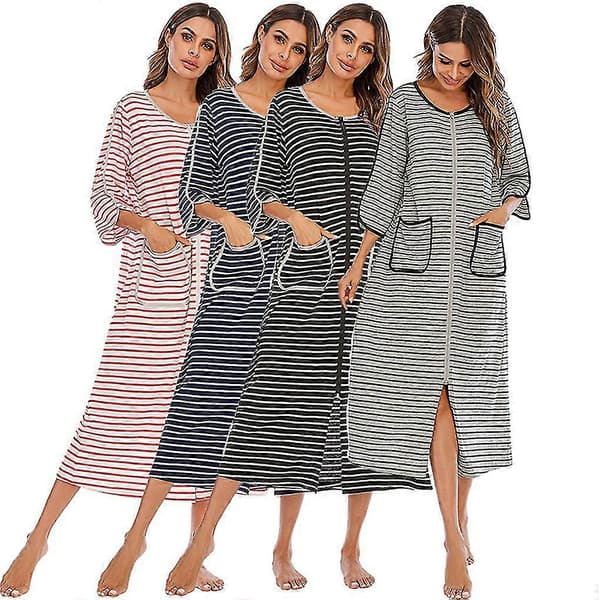 Polyester Dame Natkjole Udskiftningslynlås Efterår Vinter Hjemmekåbe -Sy Dark Blue L