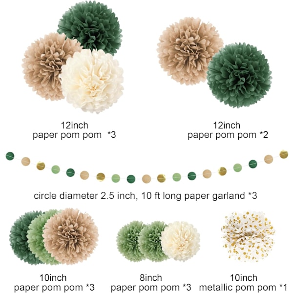 Hääjuhlat Koristeet Setti, 15Kpl Vihreä Paperi Pom Poms, Piste Paperi Garland String Ripustus Tausta Kihlat, Maalaismainen Hää