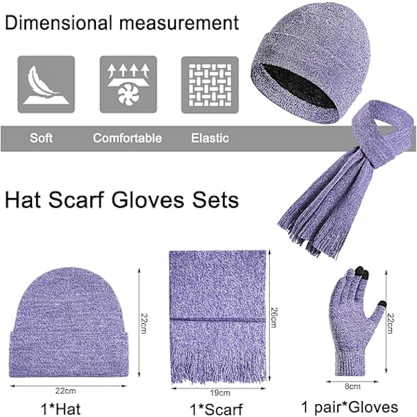 Vinter Unisex Beanie Hatt, Skjerf og Hansker Sett, Elastisk Strikket Hatt Langt Skjerf Berøringsskjermhansker Med Tykk Fleece Innerfôr for Menn og Kvinner Deep Purple