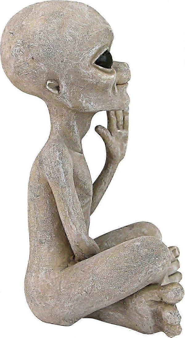 UFO-romvesenstatue, liten sittende, sandstein