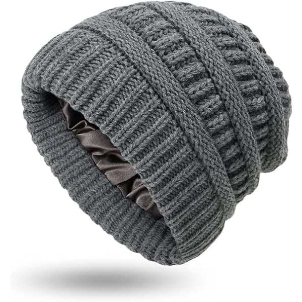 Varm stickad vintermössa med satin-foder, kabelstickad beanie, tjock slouchy skull cap för kvinnor (Grå)