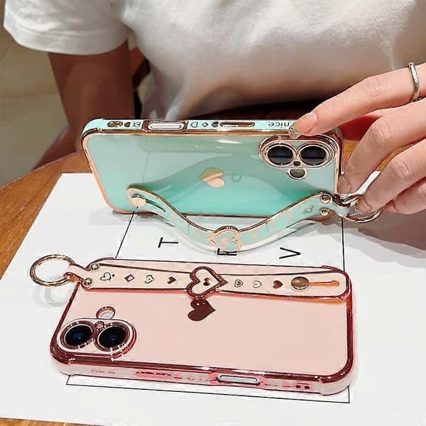Til iPhone 16 Plus etui armbånd kickstand kærlighedshjerte TPU telefoncover fingerholder Multicolor Style E