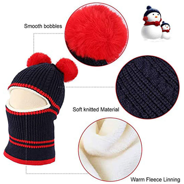 Vinter Fleece Beanie til Pige Dreng, Børne Beanie Halsklæde Kappe Vinter Varmt Hat Strik Pom Pom, Pige Dreng Uld Beanie Vinter Fleece Balaclava