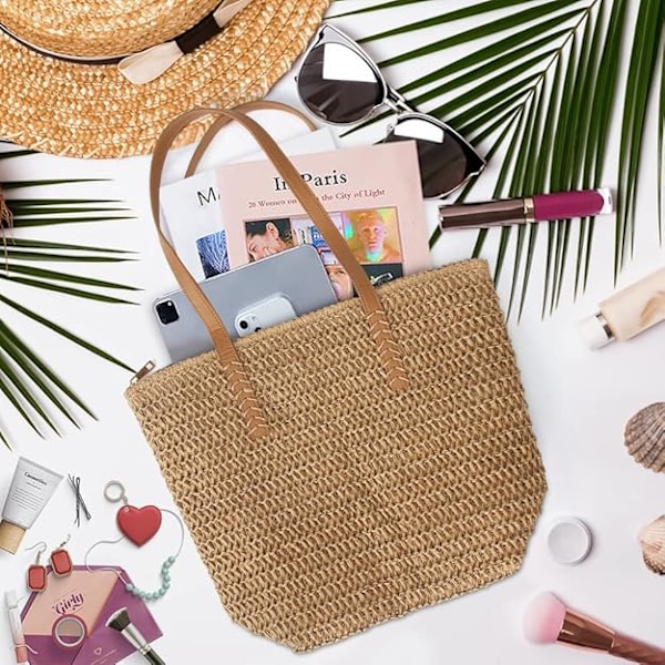 Sommar Klassisk Halm Axelväska, Stor Strandvävd Tote Väska för Kvinnor, Personifierade Shoppingväskor (Brun)