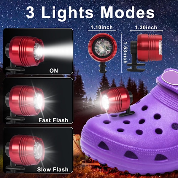 4 kpl otsalamppuja Crocs-kenkiin, LED-taskulamppuja riipuksia aikuisille ja lapsille, 3 tilaa pieni otsalamppu kiinnitys vaellukseen, leirintään Red