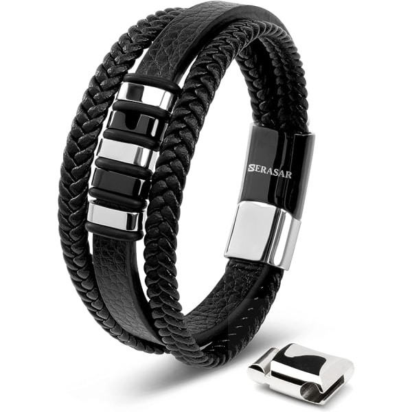 Men's Gold/Silver Genuine Leather Bracelet - Braided Leather Bracelet with Stainless Steel Magnetic Clasp