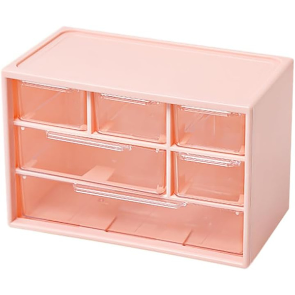 Kommode med små skuffer til skrivebordsplads, plastik opbevaringskab, mini opbevaringsboks, transparent opbevaringstårn med 6 skuffer til opbevaring af dele Pink