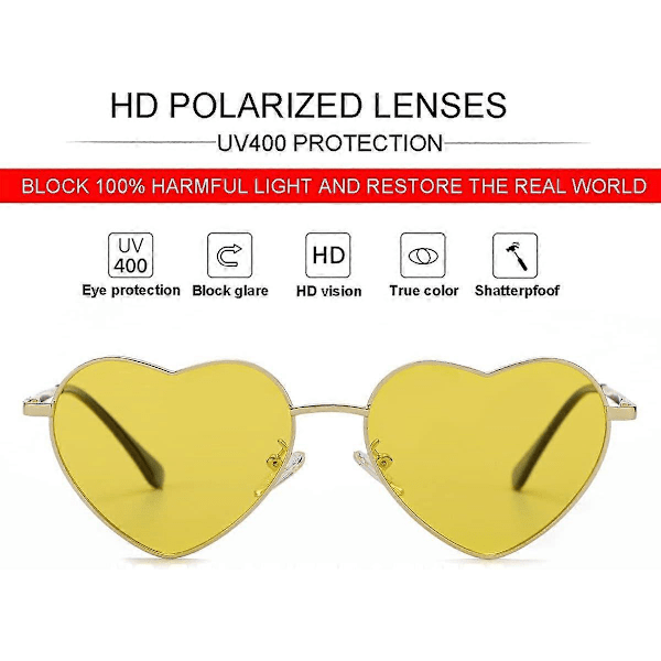 SDIGV Polariserte Hjerte Solbriller for Kvinner Mote Nydelig Stil Metallramme UV400 Beskyttelse Linse Gold Yellow
