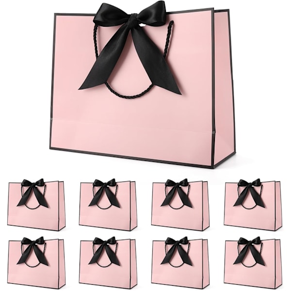 Presentpåsar för presenter, presentpåsar i papper med rosettband, presentpåsar för bröllop, brudtärnor, födelsedag, fest, firande, 12,6 x 9,8 x 3,9 tum Pink-Black ribbon