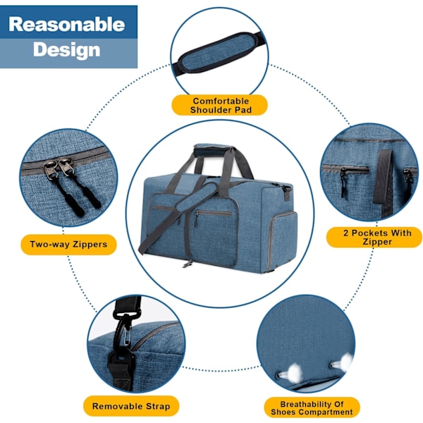 Resväska för män och kvinnor, hopfällbar weekendväska med vattentät övernattningsväska med skofack och axelrem Blue