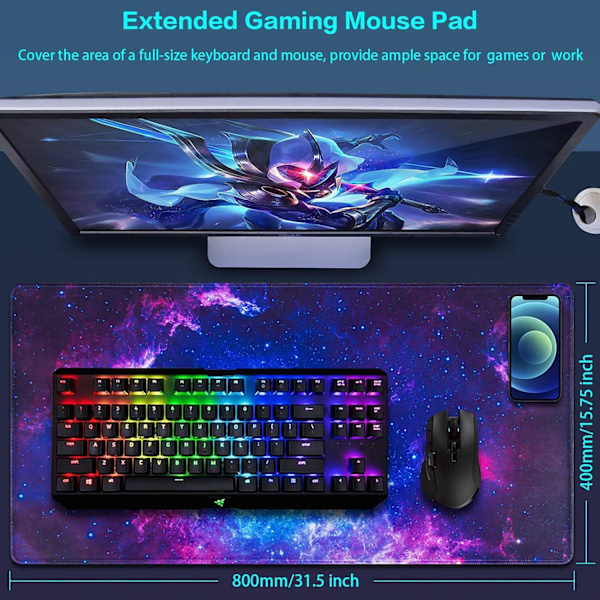 Gaming Mousepad, Udvidet Mousepad 800 x 400 mm, Computer Tastatur Mouse Mat Desk Pad med Skridsikker Gummibund og Syet Kant til Gaming Arbejde Blue-Galaxy XXL