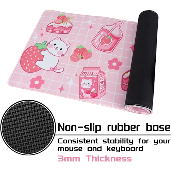 Kawaii Gaming Mousepad til Skrivebord, Udvidet Stor Kat Jordbær Mælk Mousepad, Pink Mousepad XL, Sød Mousepad Anime