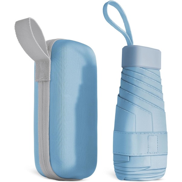 Resparaply, 6 ribbar Miniparaply Liten UV-paraply, Fällbart solparaply Vindtätt regnparaply med kapselväska, Fällbart fickparaply Blue