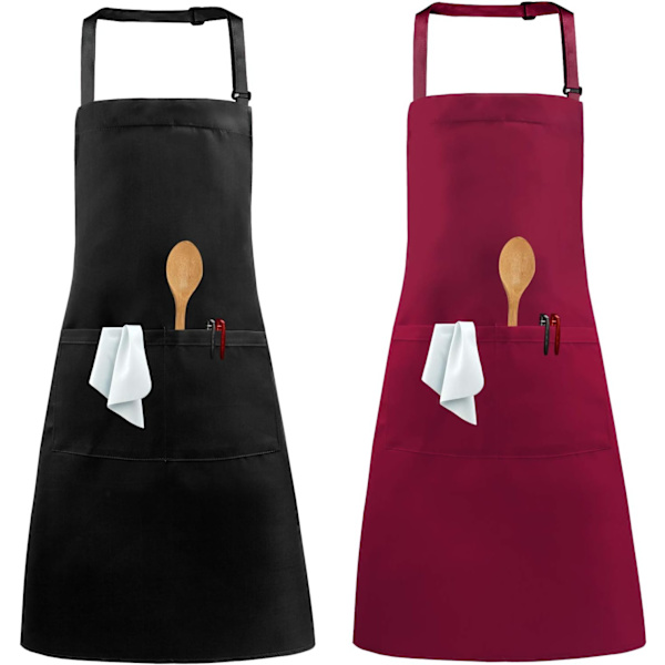 2-pakks forklær, justerbar nakke kokkeforkle med 2 lommer kjøkken matlaging forkle for kvinner menn hjemme baking hagearbeid BBQ håndverk restaurant Black/Claret