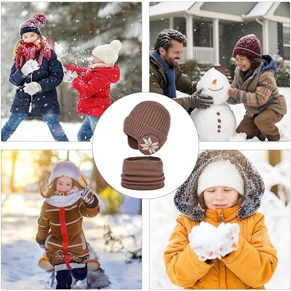Vintermössa och halsdukssats för barn | Stickad halsduk och mössa för utomhussporter - Snöflingemönster Elastisk förtjockning Utomhussporter Mössa och halsdukssats Coffee