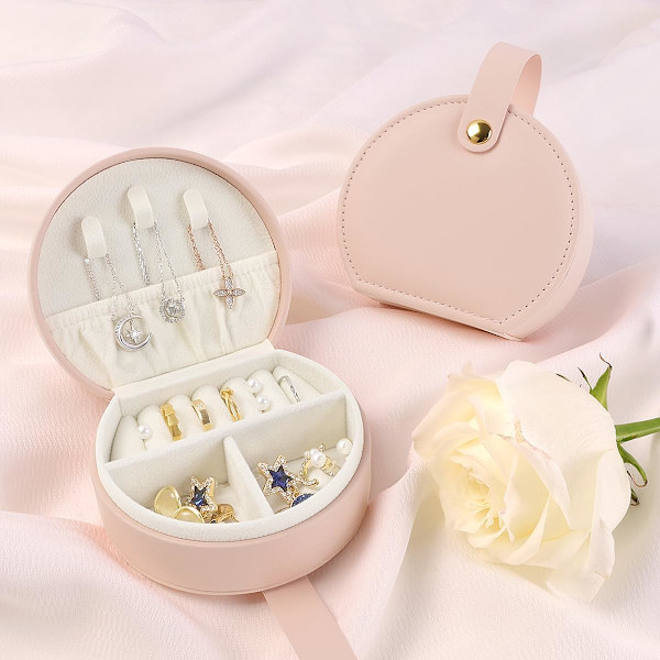 Mini Smyckeskrin Organiser, Resesmyckeskrin för Kvinnor Liten PU-Läder Smyckesförvaringsväska med Blixtlås Bärbar Smyckesgåvoask Bright Pink
