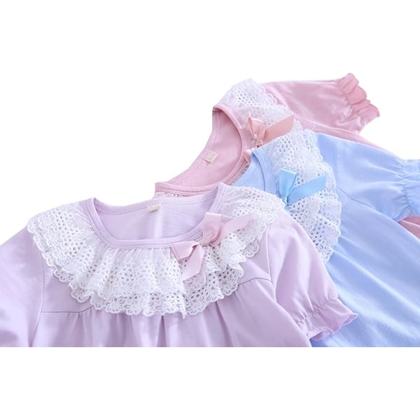 Mamma & flickors matchande spetsnattlinnen & rosett nattlinnen 100% bomull nattkläder för småbarn Pink 140cm