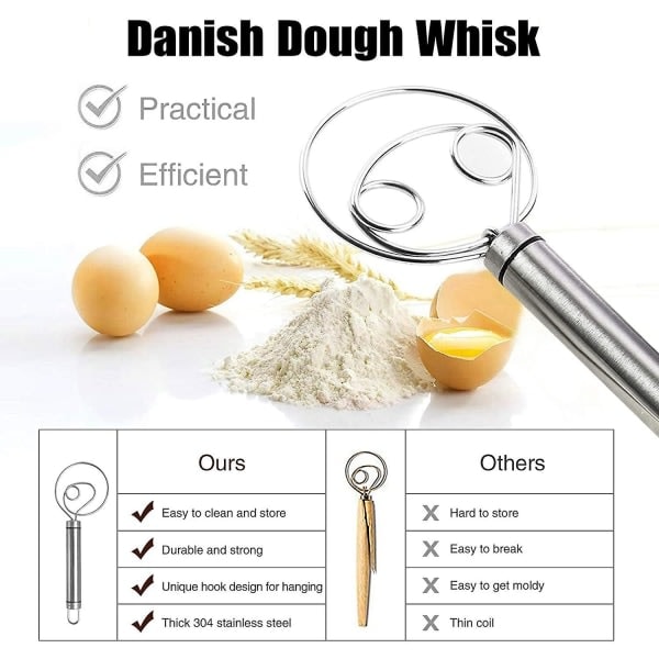 Dansk Dejpisker, 2-pak Premium Rustfrit Stål Hollandsk Piskeris, Stor Håndmixer Artisan Blender Fo