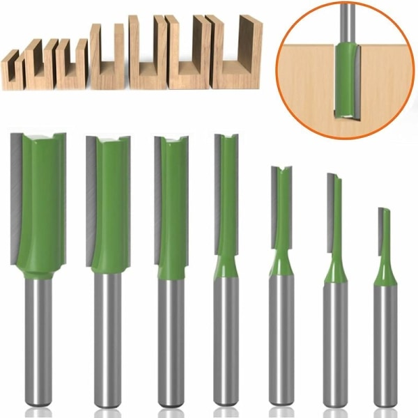 7 stk rette freser, 6 mm skaft freser forsenkning med hardmetallfres, for trebearbeiding (grønn)