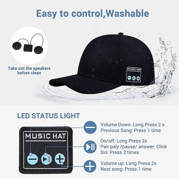 Bluetooth-kaiutin baseball-lippis langaton kaiutin urheilulippis isä-lippis ulkoiluun, musta