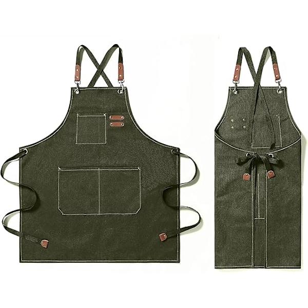 Canvas Chef Förkläde, Professionellt Verktygsförkläde, Justerbar Matlagningslapp, Kockförkläde för BBQ Hem Kök Restaurang Café Dark Green