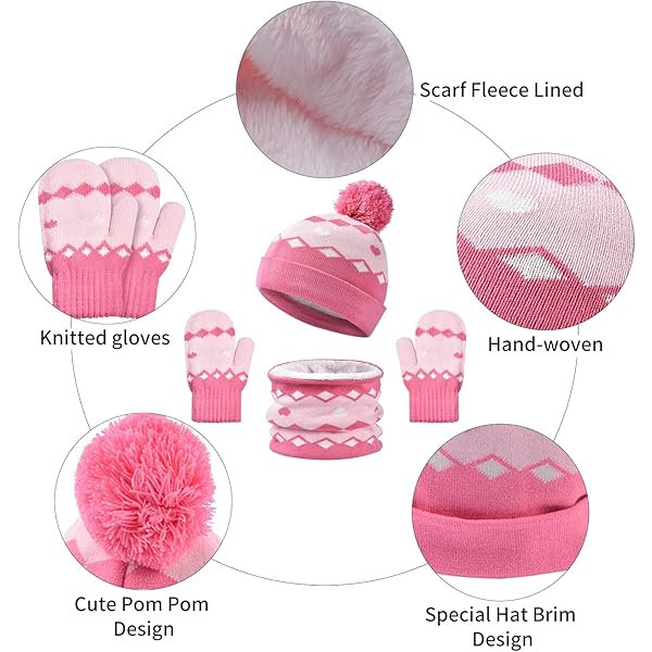 Stickad mössa, halsduk och vantar för barn, vintervarm mössa med pompom för småbarn, fleecefodrad halsduk och vantar, 3-delars set för kallt väder A Pink