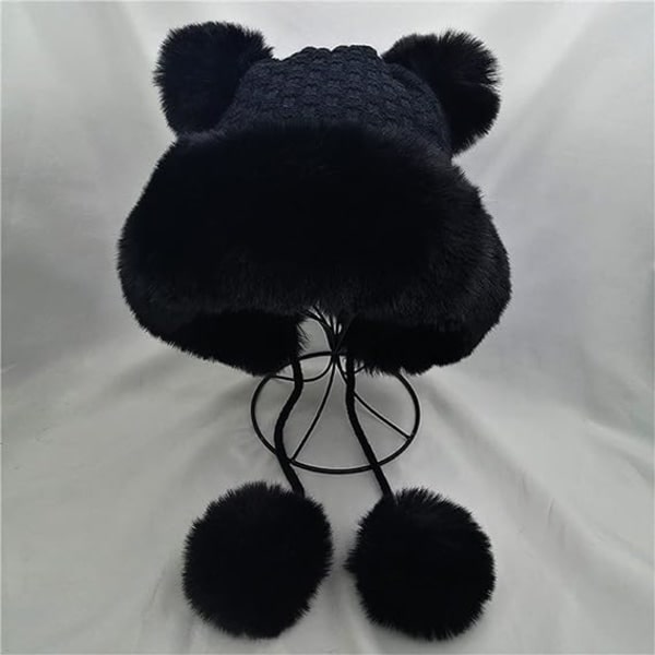 Varm Ullhatt med Öronlappar Stickad Beanie Tjock Beanie Söt Dam Snö Vinter Basebollkeps Varmast Hatt för Män Black