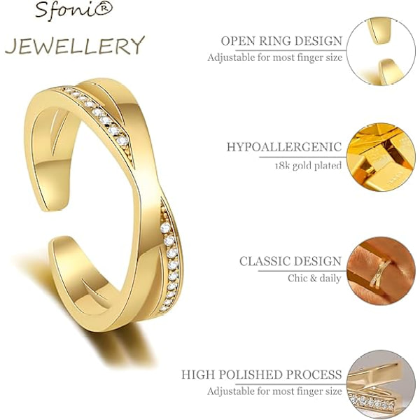 Sølvring til kvinder, justerbar åben ring krydsring med kubisk zirkonium tommelfingerring dobbelt båndring chic X krydsring