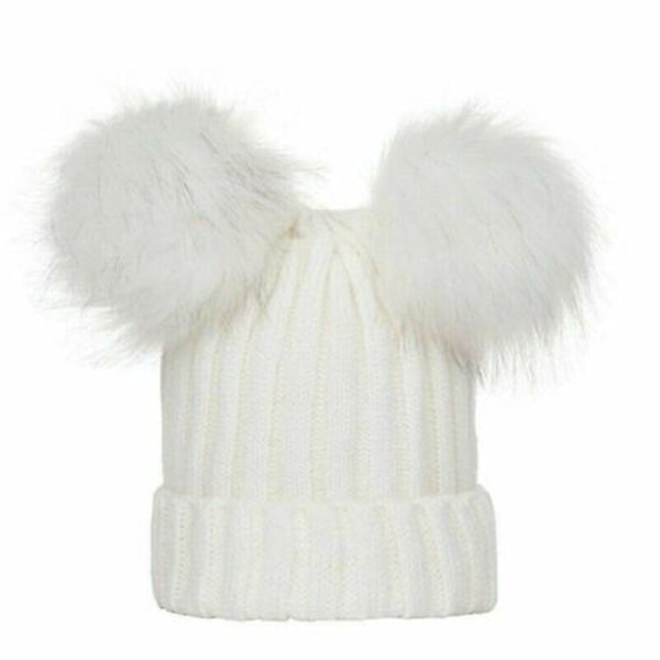 Nyfödd Baby Pojke Flicka Dubbel Pälsboll Mössa Vinter Varm Stickad Toffsmössa White Adult