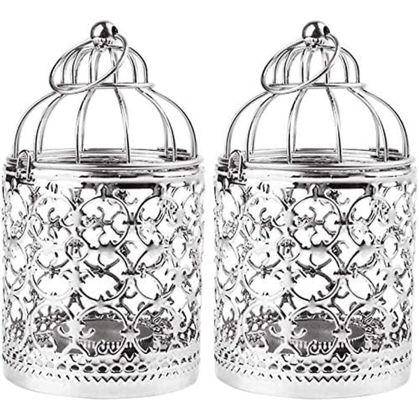 2-pak Hængende Fuglebur Lanterne, Vintage Metal Fyrfadslys Dekorativ Lysestage Dekoration Fuglebur til Bryllupsfest Hjem Silver